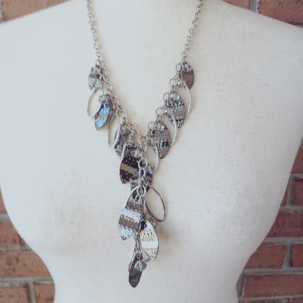 Modernist Y-Drop Chain Necklace Hammered Leaf Shaped Charms Silver Crystal Beads 15$